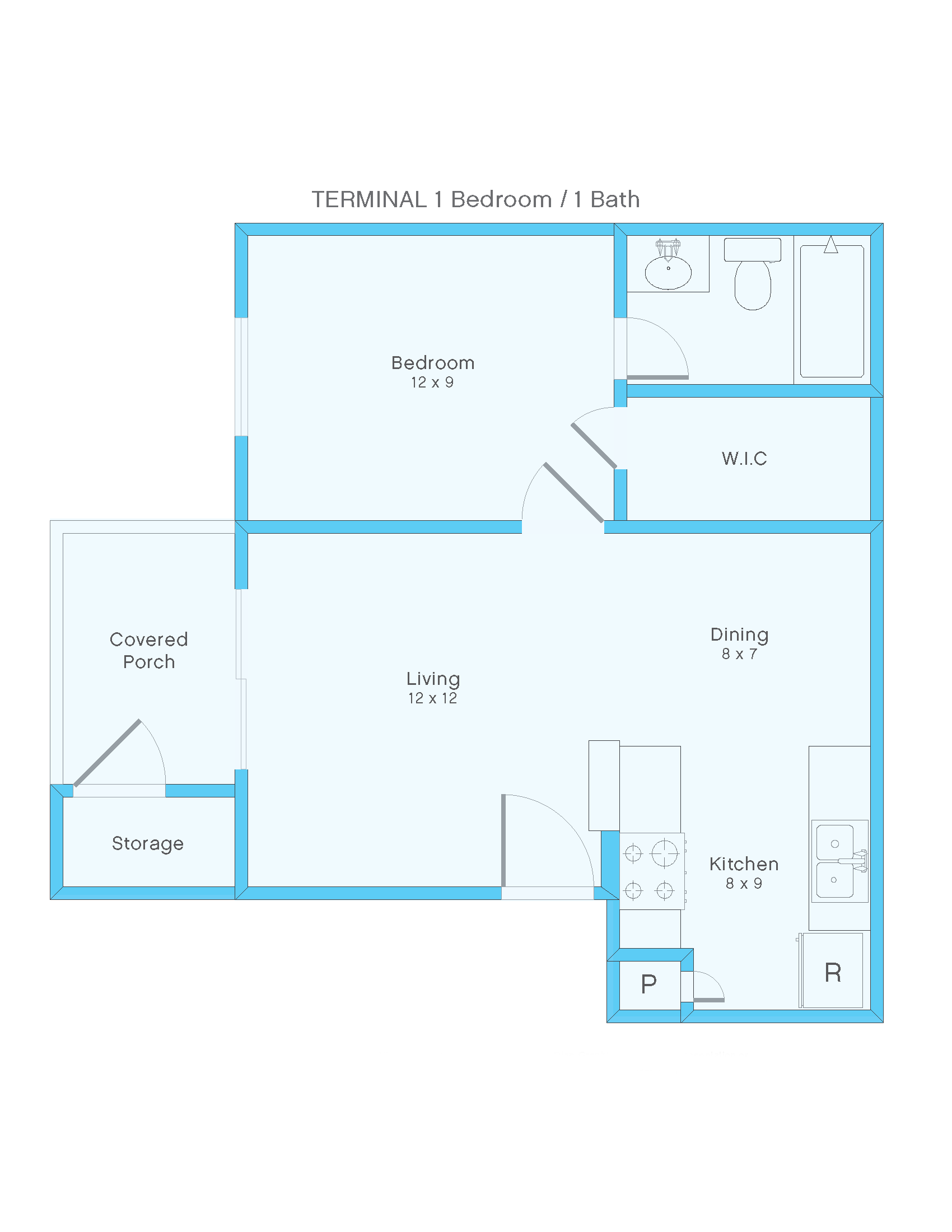 Floor plan for 1 bed, 1 bath, 504 sqft